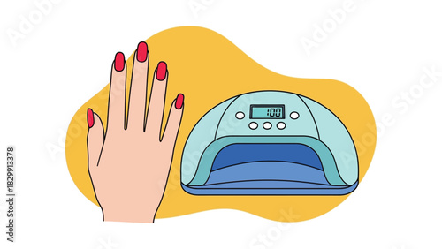Manicure Hand with Red Nails Next to UV LED Gel Nail Curing Lamp Vector Illustration