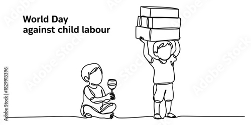 World day against child labour: line art contrasts child with boxes and child with glass, symbolizing exploitation vs. childhood freedom, for global awareness. Vector, illustration