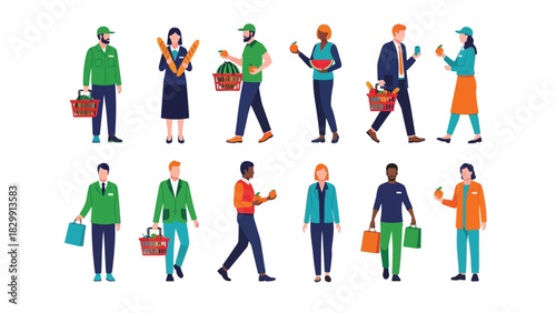 Modern Vector Illustration Set of Diverse People Shopping Groceries, Holding Bags and Baskets