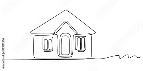 Minimalist continuous line art drawing of a house, simple home illustration with single black stroke, isolated on clean white, architectural concept. Vector, illustration