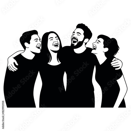 Diverse group of four friends laughing and embracing together in a joyful moment