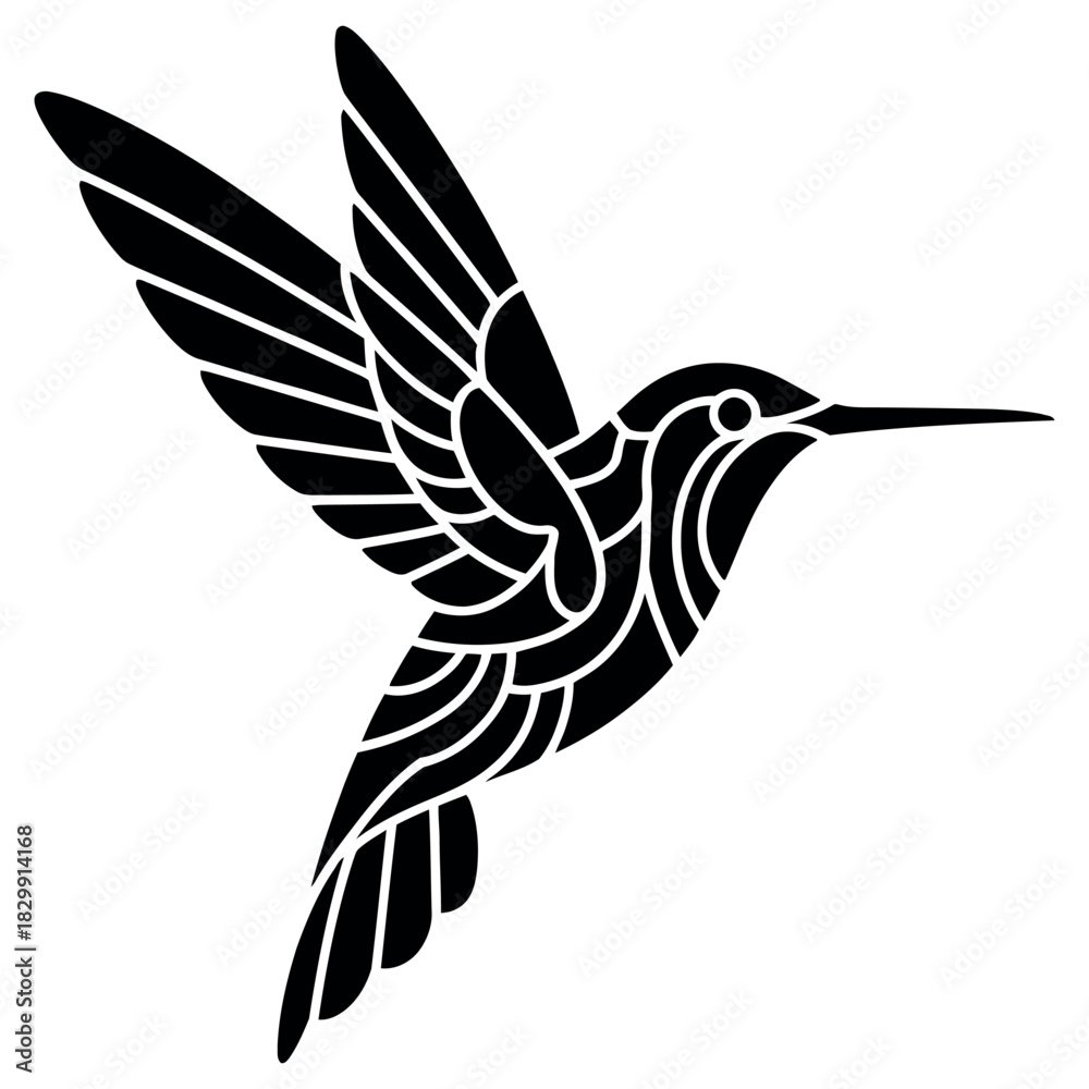Fototapeta premium Elegant black silhouette of a hummingbird in flight with intricate wing details against a white background