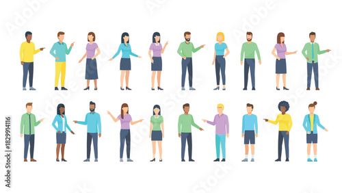 Diverse Group of People Pointing Collection. Set of full-length flat vector illustrations featuring various men and women gesturing, indicating direction, or presenting information.