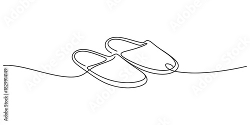 Continuous line drawing of a pair of comfortable home slippers, minimalist contour art, simple footwear, cozy relaxation concept. Vector, illustration