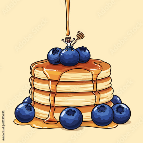 Cheerful tiny cartoon man enjoying a rich, syrupy stack of blueberry pancakes.