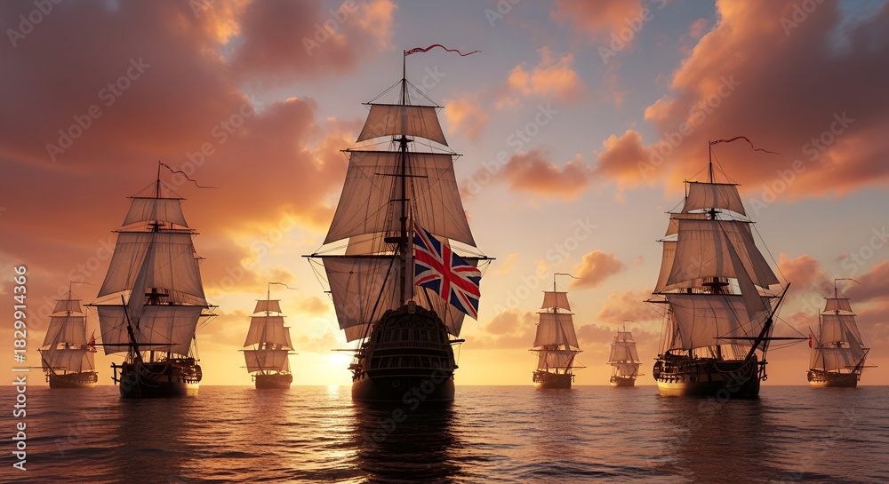 Obraz premium Australia Day (January 26) - A national holiday commemorating the 1788 arrival of the First Fleet. The iconic Australian flag merges with the ships of