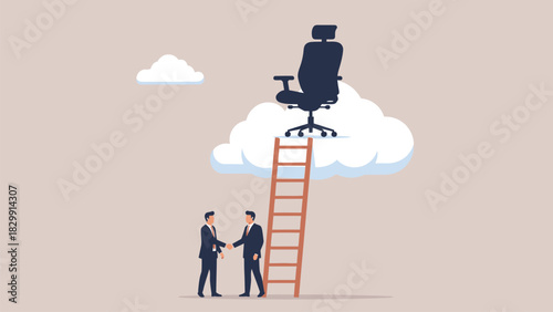 Business Success and Promotion Agreement Vector. Two businessmen shaking hands near a ladder leading up to the executive office chair on a cloud, symbolizing career advancement and top job achievement