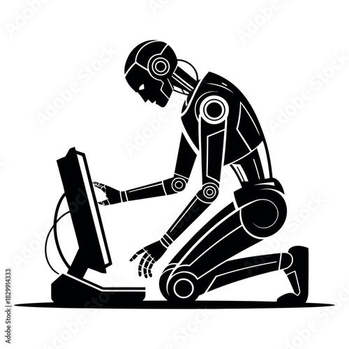 Futuristic robot with articulated joints kneeling and working intently on a computer screen