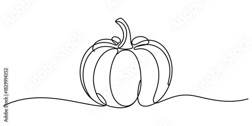 Continuous line drawing of a simple pumpkin with stem, capturing minimalist autumn essence for harvest, halloween, and thanksgiving design concepts. Vector, illustration