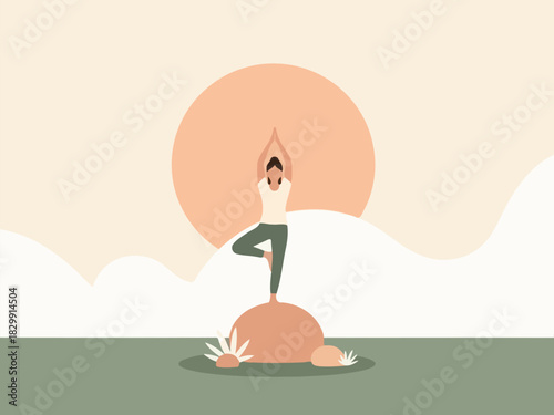 A minimalist illustration of a woman doing the yoga tree pose outside at sunset.