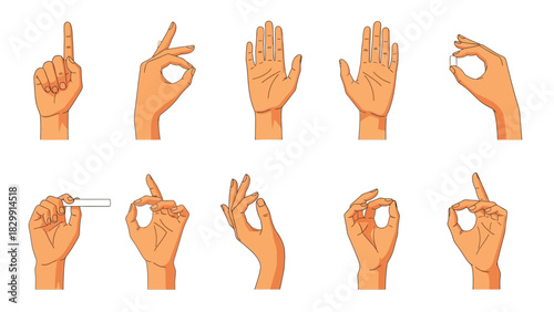 Vector Set of Human Hand Gestures: Pointing, Open Palm, OK Sign, Stopping, Holding Objects (Pill, Chalk). Outline Cartoon Style