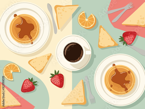 Flat lay vector illustration of a sweet breakfast spread featuring pancakes, coffee, and fruit.