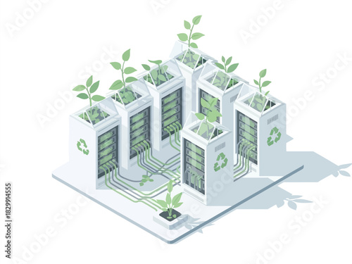 Isometric vector illustrating sustainable green data center technology with server racks and plants.