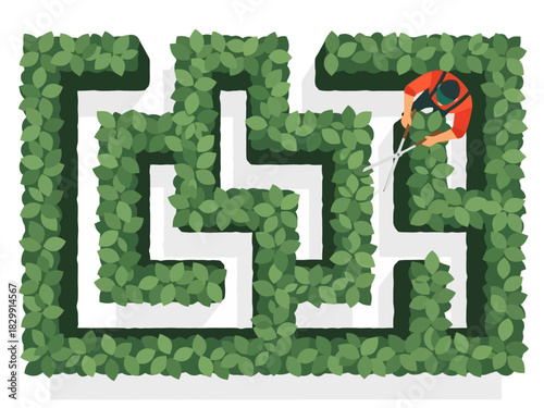 A gardener trims a complex green hedge maze with long shears, viewed from above.