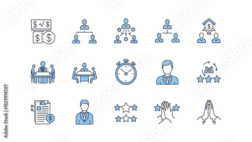 Business Management and Corporate Icons Set. Vector Linear Illustration Symbols Covering Organization Hierarchy, Meetings, Finance, Teamwork, Performance Rating, and Time Management.
