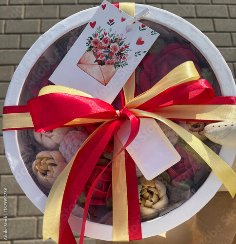 Homemade marshmallow in a hat box with transparent lid, tied with ribbons, Marshmallow flowers, tulips and roses, On a background of pavement tiles