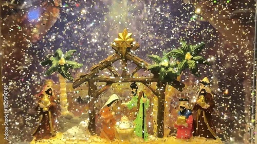 4k footage christmas sparkling snow ball, depicting Jesus was born on a manger in Bethlehem. Seen the Mary and Joseph, with wise men. With sparkling glitter and snow. Manger miniature.