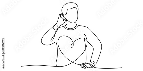 Continuous line drawing: person actively listening with hand cupped to ear, heart integrated, symbolizing empathy, careful attention, and sincere communication. Vector, illustration