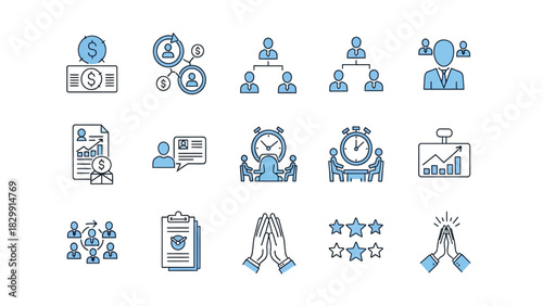 Business Management and Finance Vector Icons Set | Teamwork, Organization, Investment, Time Management, and Success Symbols
