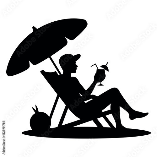 Silhouette of a person relaxing in a beach chair under an umbrella with a drink