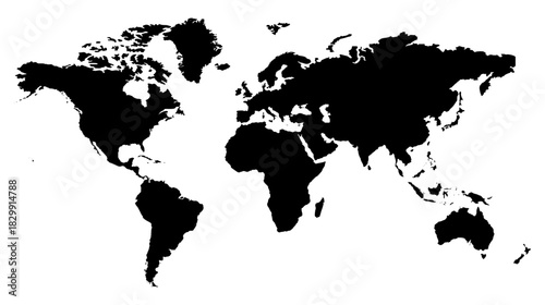 Black world map silhouette vector, minimalist global geography outline, detailed earth continent illustration for travel and educational design