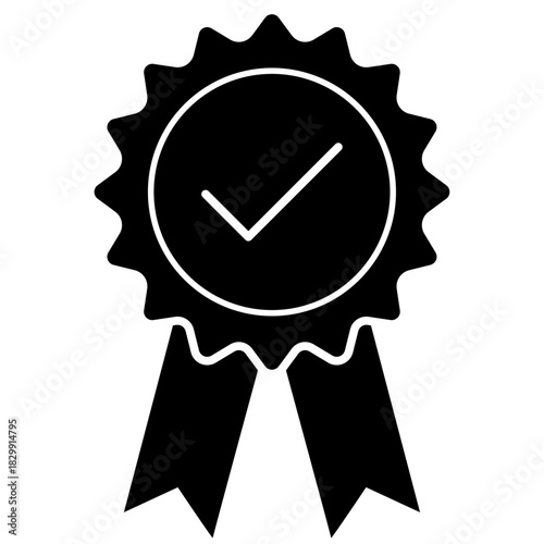 Black award badge icon with check mark, certification approval icon, premium quality ribbon symbol for guarantee and verified achievement design