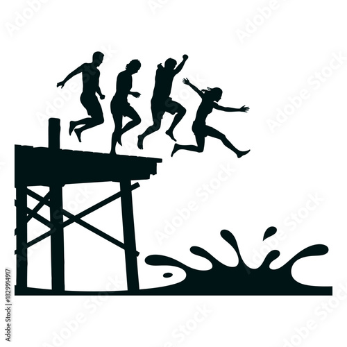 Silhouettes of energetic young people jumping off a wooden pier into splashing water during summer