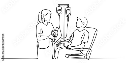 Minimalist continuous line art drawing of a nurse providing intravenous fluid to a seated patient, illustrating healthcare and medical support. Vector, illustration
