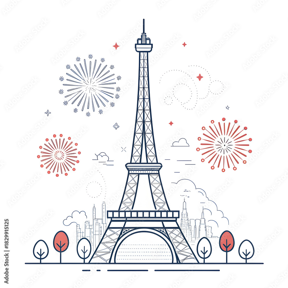 Fototapeta premium A minimal Eiffel Tower design accented with small abstract fireworks creating a festive modern visual highlighting