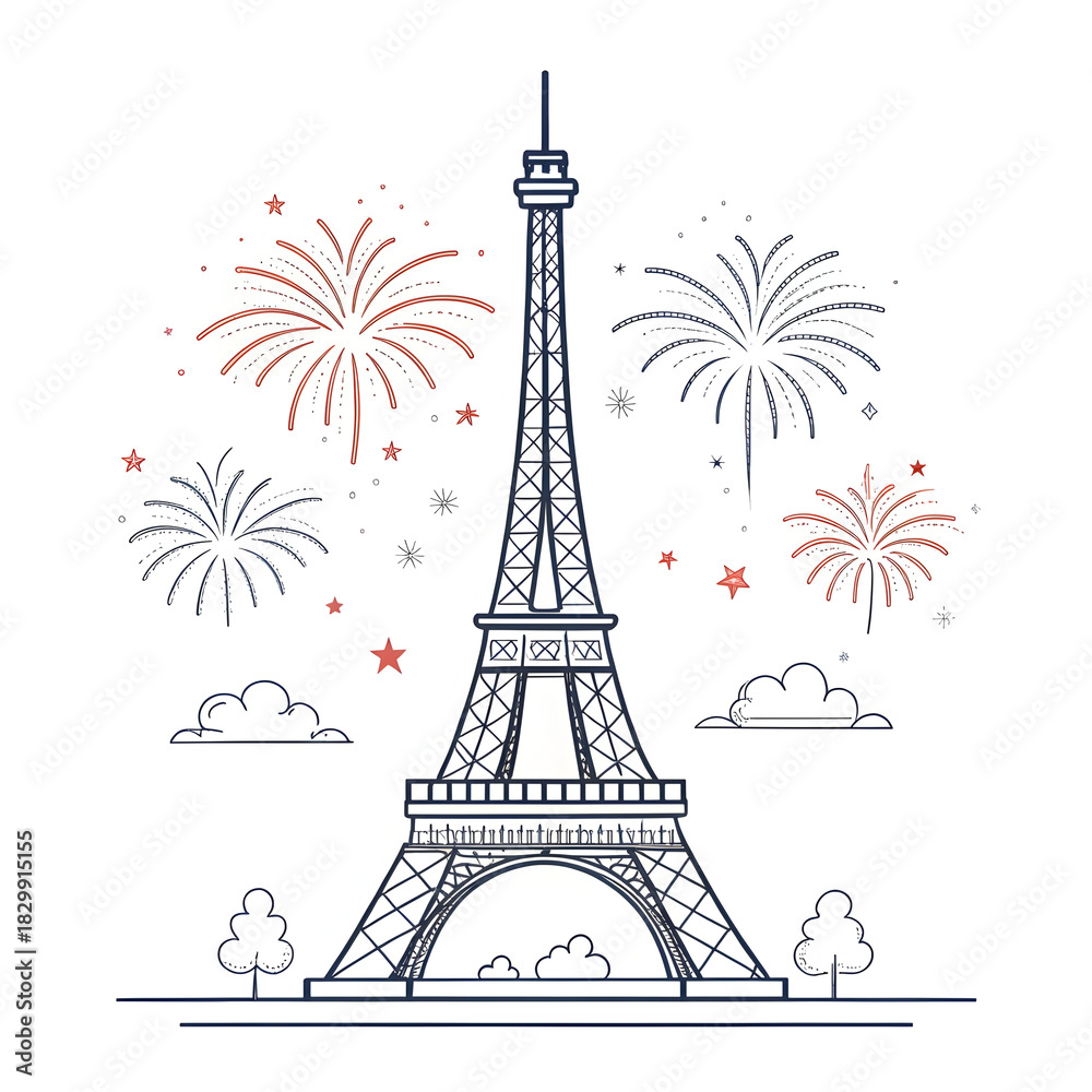 Fototapeta premium A minimal Eiffel Tower design accented with small abstract fireworks creating a festive modern visual highlighting
