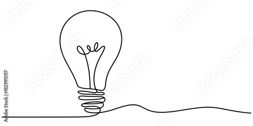 Minimalist lightbulb concept illustration, hand-drawn with a single continuous black line, representing new ideas, innovation, creativity, and solutions Vector, illustration