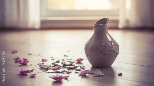 A shattered ceramic vase on a wooden floor with scattered flower petals in an empty room. wellbeing guides.