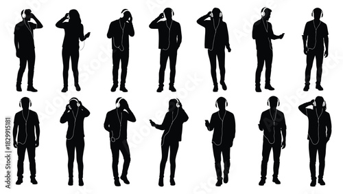 People with Headphones Silhouettes Set. Vector Illustration of Men and Women Listening to Music or Audio on Portable Devices, Isolated Black Figures on White Background.