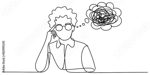 Continuous line drawing of a thoughtful person in glasses pondering complex thoughts with a tangled scribble in a thought bubble Vector, illustration