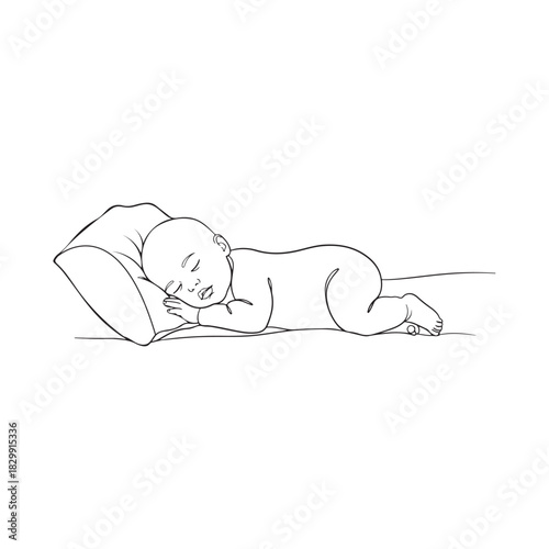 Sleeping baby line art illustration on pillow, peaceful rest