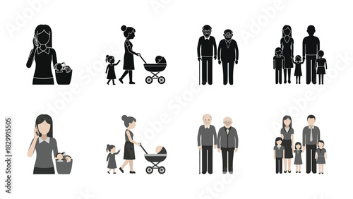 Family and Life Situations Vector Icons Set. Collection of Pictograms Featuring Mother with Baby Stroller, Woman on Phone, Elderly Men, and Large Family Group