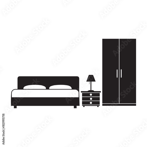 Bedroom furniture icons set. bed, nightstand, lamp, and wardrobe