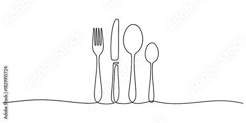 Elegant continuous line art drawing of a modern cutlery set featuring a fork, knife, large spoon, and small spoon, minimalist dining concept isolated Vector, illustration