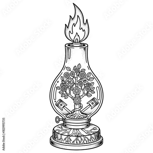 Tree of life inside a kerosene lamp with pistons and flame.
