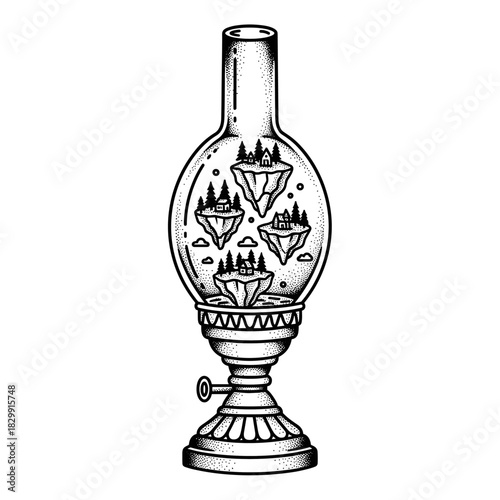 Whimsical Oil Lamp Containing Floating Islands with Tiny Houses and Trees.