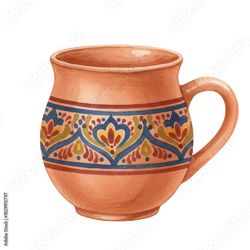 Rustic ceramic clay mug with a traditional ethnic folk ornament pattern in blue, red, and yellow colors. Cozy earthenware pottery for hot beverages vector design.