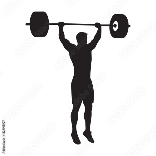 Powerful athlete silhouette lifts barbell overhead for fitness