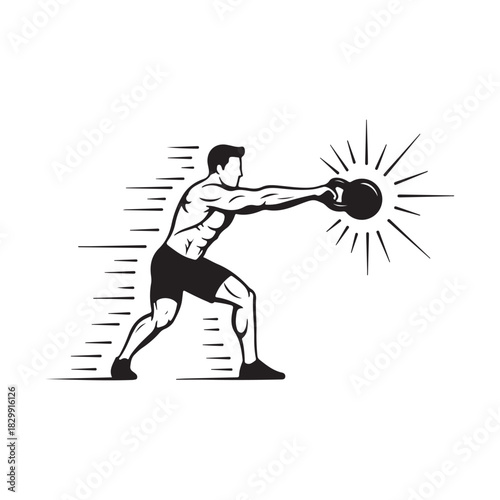 Man exercising with kettlebell, dynamic powerful fitness workout