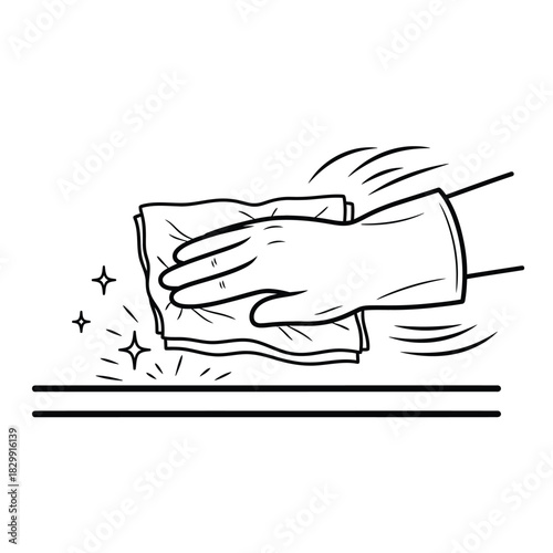 Hand wearing glove wiping a surface with a cleaning cloth