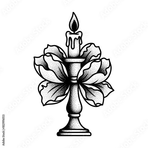 A black and white tattoo design of a candle in a candlestick with flowers.