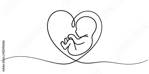 Continuous line drawing of a baby fetus inside a heart shape, symbolizing pregnancy, maternal love, new life, and protective care. Vector, illustration