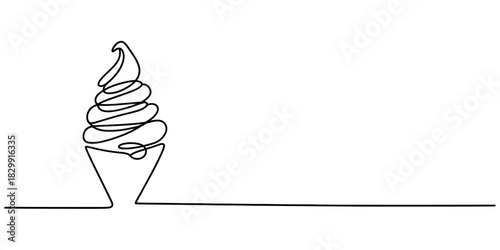 Continuous line art illustration of a delicious soft-serve ice cream swirl in a simple cup, symbolizing sweet treats and minimal design Vector, illustration