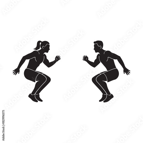 Male and female silhouettes perform dynamic fitness exercise