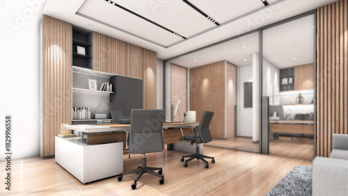 The executive room has a personal work desk and a reception chair in a wood tone with white walls, overlooking the outside of the office. , 3D rendering