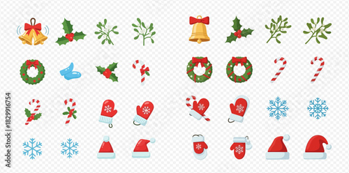 Festive Christmas icons featuring bells, holly, mistletoe, wreaths, candy canes, mittens, snowflakes, and Santa hats.